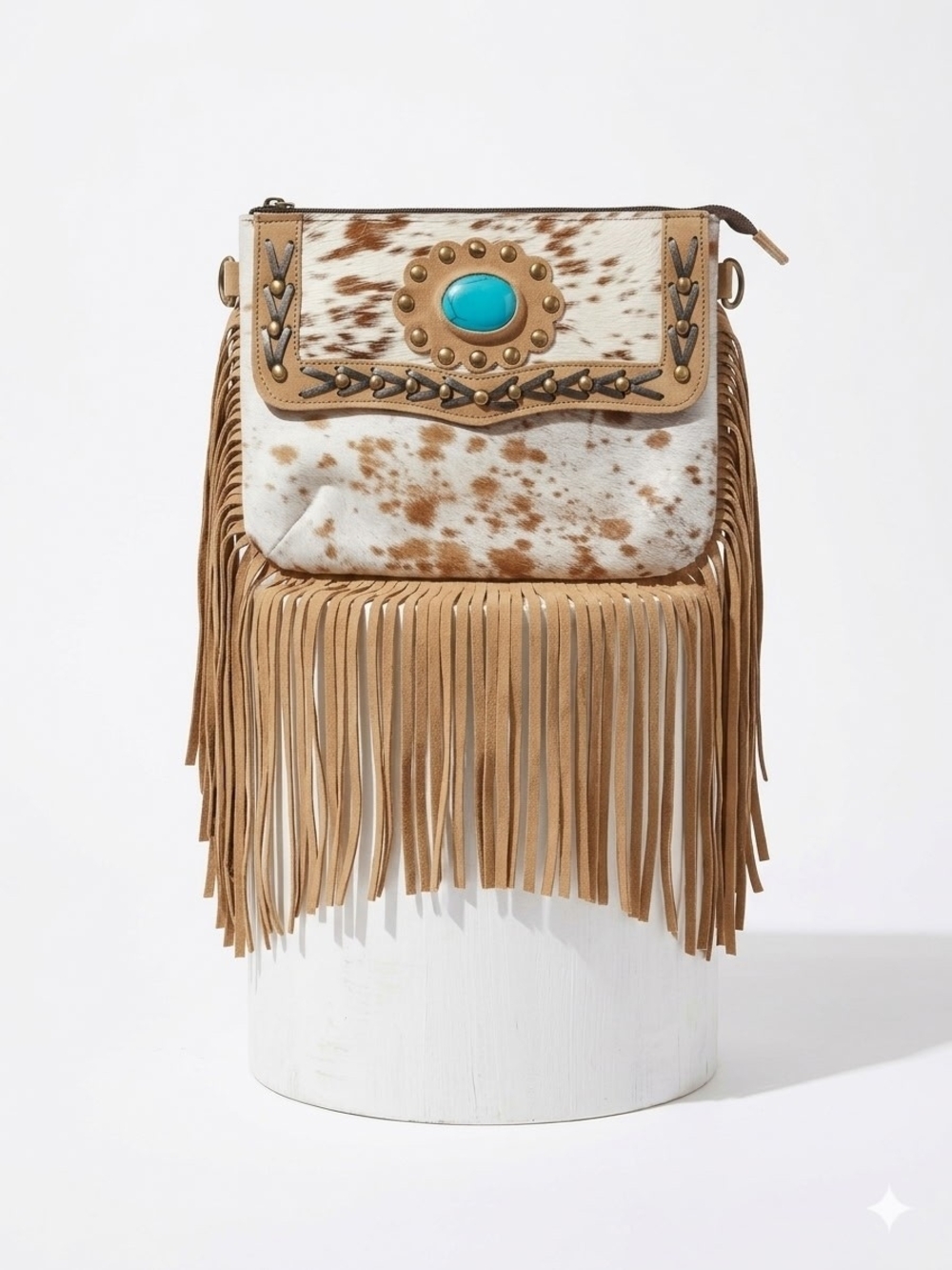 Fringed Cowhide Turquoise Accent Genuine Leather Crossbody Bag NWOT
